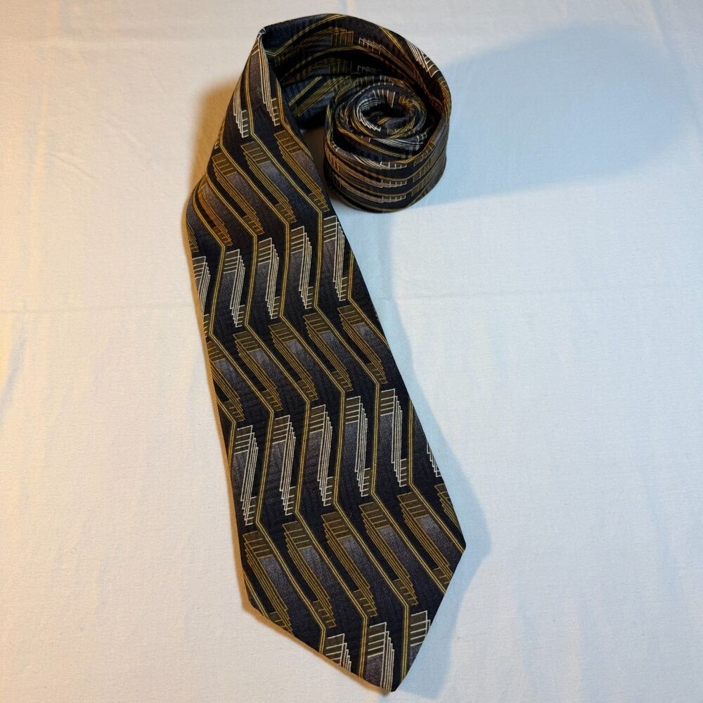 Jay Jacobs Menswear OS Geometric Men Tie Black Yellow Silk Vintage Retro Art